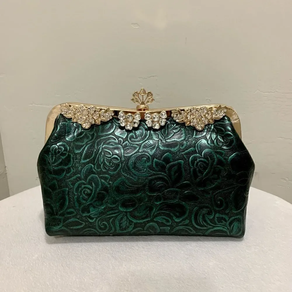 Handmade Genuine Leather Floral Embossed Push-lock Wristlet/Crossbody/Eveningbag